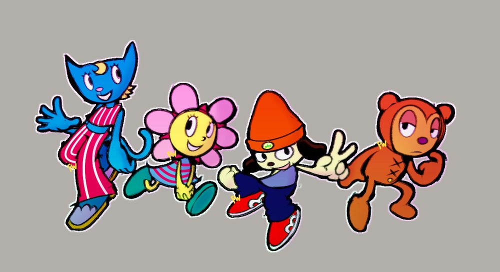 Artwork of characters from PaRappa the Rapper.
(Katy Kat, Sunny Funny, PaRappa and PJ Berri.)