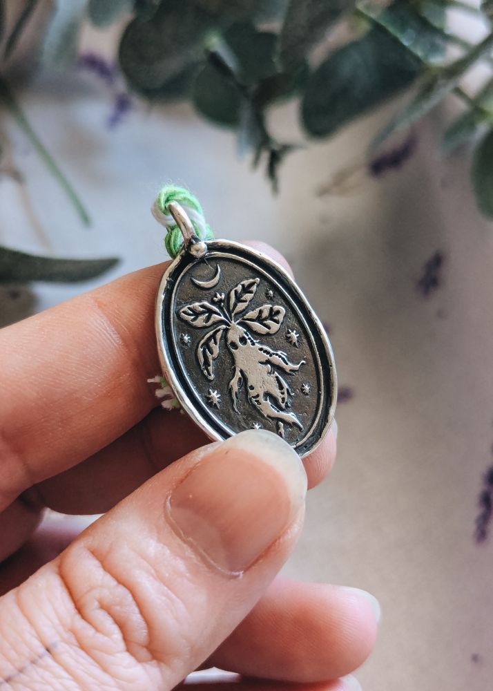 Un colgante ovalado con relieve de una mandrágora coronada con una luna y rodeada de estrellas. La sostengo en mi mano.
