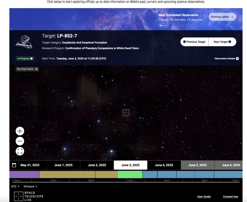 An image of a star field with a star labeled and a sign that says Target: LP-852-7 from the What is Webb Observing Now Page.