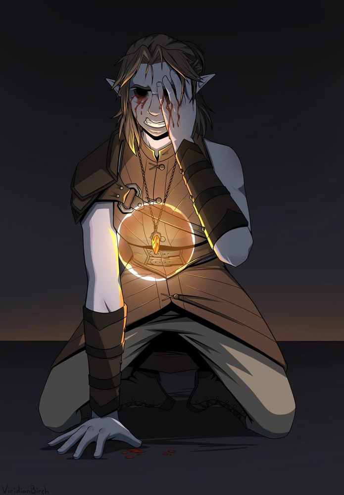 El'raena doubled over on her knees as she holds a hand to her face as her eyes are missing and blood is dripping from the sockets. An amber necklace hangs glowing from her neck.