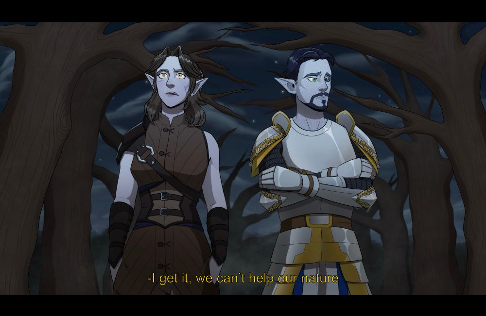 A fake screenshot style image of two drow elves at night time in a dead forest surrounded by mists in Barovia. Both are facing the camera, El’raena, a rogue, looks towards the sky and says ‘I get it, we can’t help our nature’ while Valmir, a paladin in plate armour, looks off to the side in discomfort. 