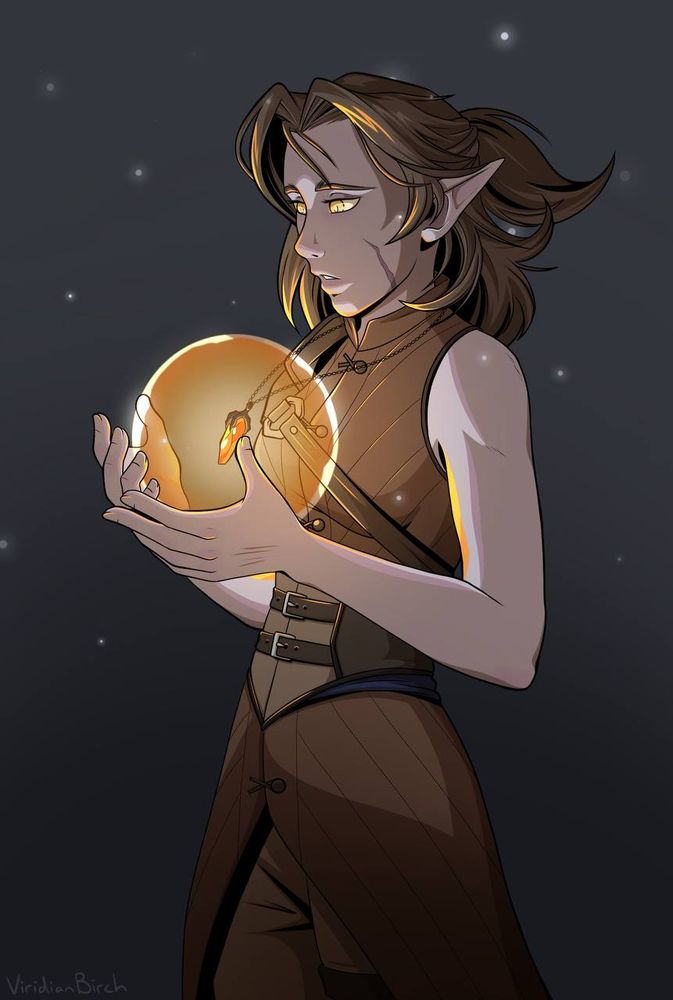 El'raena, a half drow with ash brown hair in a half ponytail holding a floating amber necklace in her hands as it emits of soft orange glow, she stares absently at it