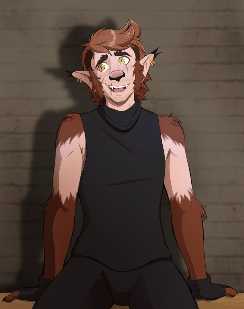 Redd, a shifter rogue leaning back on a bench with a shy smile.He has shaggy red hair and mutton chops, pointed cat-like ears and nose, slit pupil yellow eyes, and is wearing black trousers, vest and bandana and black gloves.