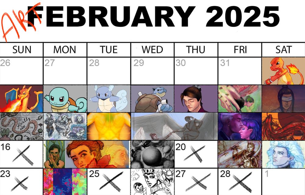 Calendar of February with sketches I did filled in almost each slot of the day, missing 6 days