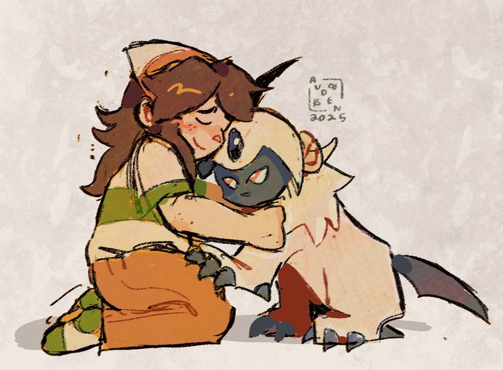 A digital colored sketch of Auden, a Pokemon trainer, kneeling to hug their Absol.