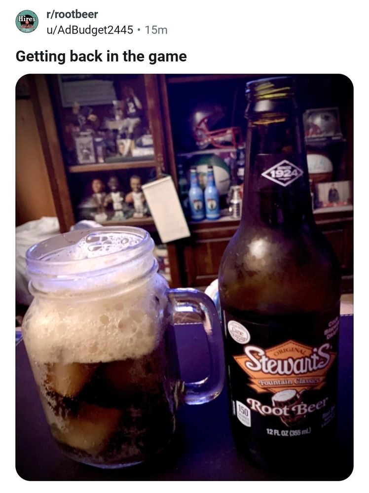 A reddit post on the subreddit r/rootbeer titled "Getting back in the game," featuring a photo of a mug full of root beer, next to a bottle of Stewart's Root Beer