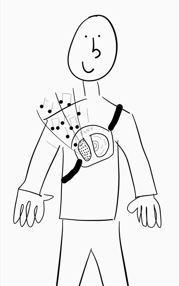 A crude drawing of a person wearing a portable CD player strapped from their shoulder to the center of their torso, with the CD player resting near their sternum