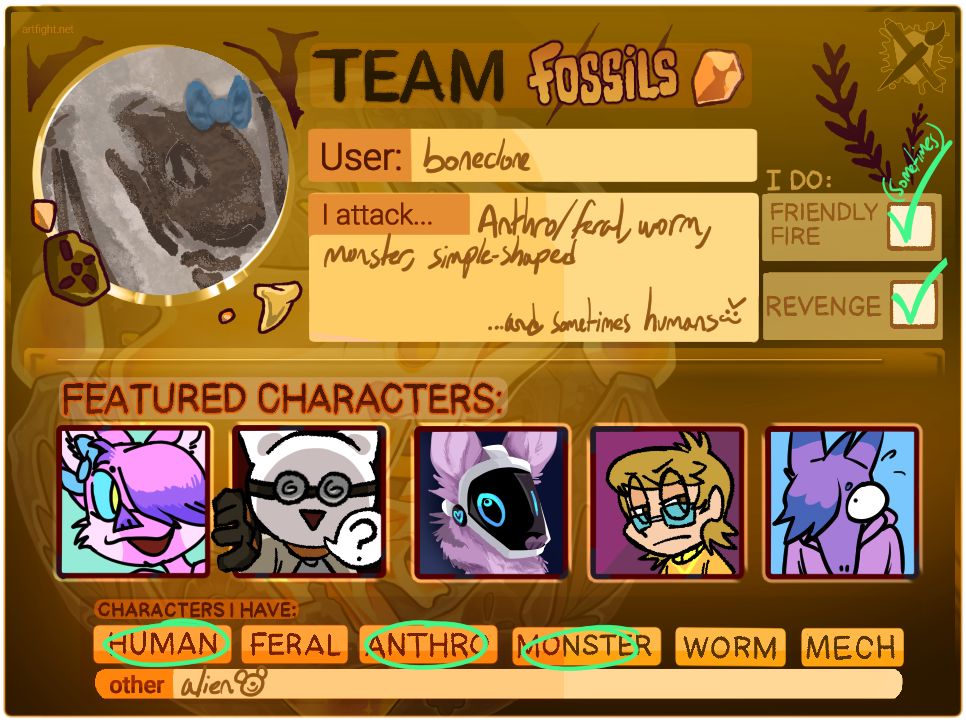 Team fossils card for the user "boneclone". It reads: "I'll attack... anthro/feral, worm, monster, simple-shaped, and sometimes humans. Characters I have: human, anthro, monster, and alien."