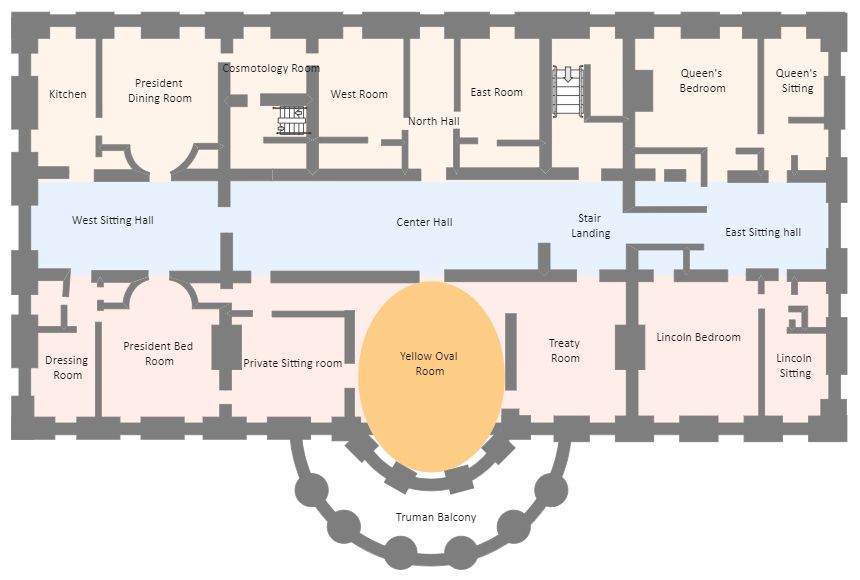 Plano de la primera planta de la Casa Blanca donde se encuentran la habitación Lincln y su sala de estar. Floorplan where the Lincoln bedroom and sitting room are situated at the White House. 
