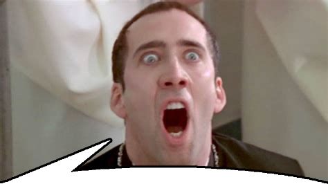 nicolas cage dressed as a priest with huge eyes and a wide open mouth, like an “Oh!” face, from the 1997 blockbuster classic Face/Off, a speech bubble from him to the BOTTOM of the pic