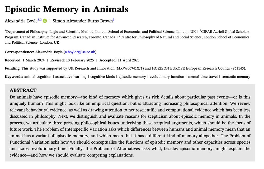 Screenshot of title and abstract from the paper 'Episodic Memory in Animals' by Alexandria Boyle and Simon Brown in Philosophy Compass, available at https://doi.org/10.1111/phc3.70037