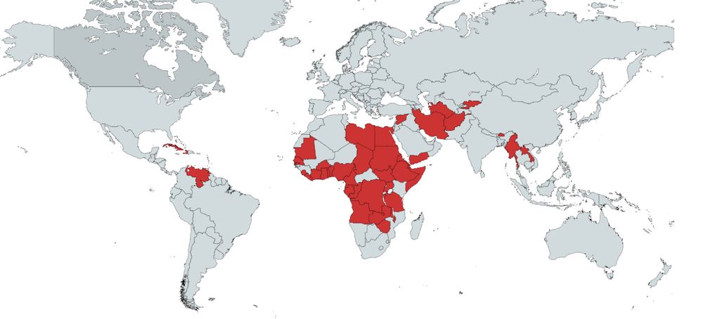 Map of the world showing countries highlighted in red where the Trump administration has issued/is considering (per original post's screenshot) issuing travel bans/visa restrictions. Notably, the tremendous majority of countries are in Africa, with the Middle East, SE Asia, and the Caribbean making up the remainder.