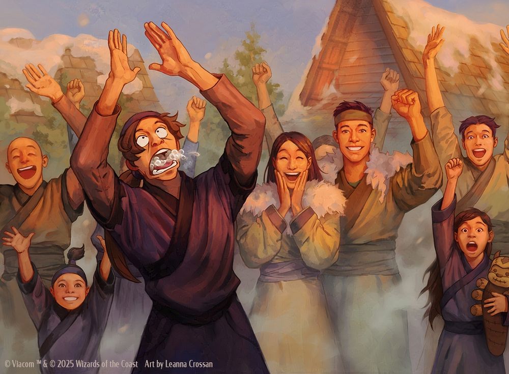 An image of Aang’s fan club on Kyoshi Island. A group of villagers cheers at the sight of the avatar. A man in the front is so excited he is foaming at the mouth. A young girl on the right cheers and holds a stuffed Appa toy.