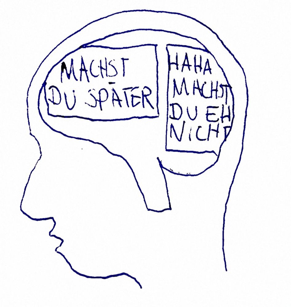 Zeichnung eines Kopfes. Darin sind zwei Schilder: "Machst du später" und Haha, machst du eh nicht"