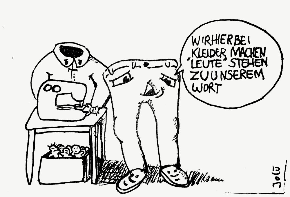 Eine Hose mit augen und Mund sagt 
