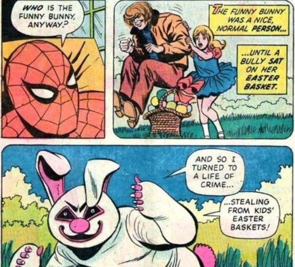 Spider-Man Comic. Originstory von Funny Bunny: The funny bunny was a normal person until a bully sat on her easter basket 