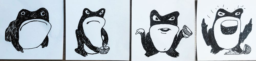 Vier Froschzeichnungen. Die ersten beiden sind an Zeichnungen von Matsumoto Hoji angelehnt. Erst guckt der Frosch traurig dann genervt. Die beiden letzten Zeichnungen sind hinzugedichtet. Der Frosch ist noch wütendender und zeigt schließlich den Mittelfinger 