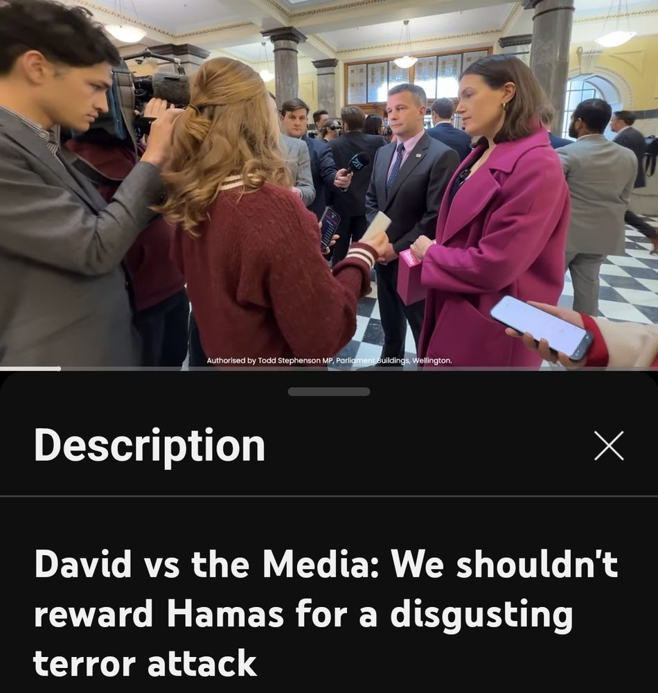 YouTube Video from the act party titled ' David vs the media : we shouldn't reward hamas for a disgusting terror attack' the video is david seymour speaking with media in parliament 