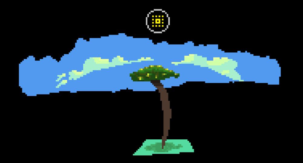 ms paint, disjointed backgrounds, a grassy floor and a sky, several clouds in the sky, one tree starting from the grass extending between black space into the sky with a small canopy of leaves. all of the clouds, and treetops are lit by a pixelated sun with a gray circle around it, above the sky background in the center