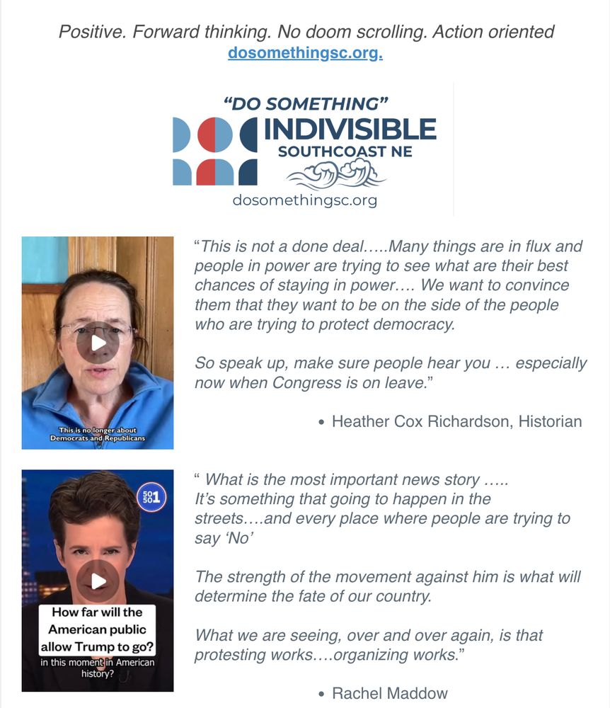 Screenshot of the Do Something weekly update featuring Heather Cox Richardson and Rachel Maddow
