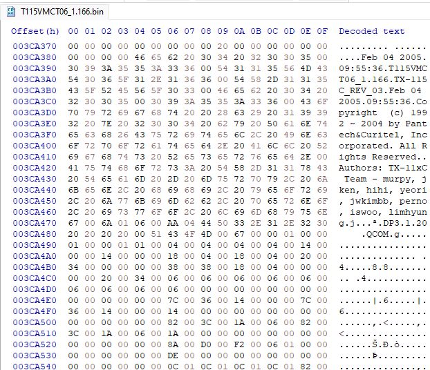 Hex editor screenshot of a recently dumped Audiovox CDM-8910's firmware, version T115VMCT06_1.166 branded to Virgin Mobile Canada.
Of note is the following text:
"Feb 04 2005 09:55:36 T115VMCT06_1.166 TX-115C_REV_03 Feb 04 2005 09:55:36 Copyright  (c) 1992 ~ 2004 by Pantech&Curitel, Incorporated. All Rights Reserved. Authors: TX-11xC Team - murpy, jken, hihi, yeori, jwkimbb, perno, iswoo, limhyung DP3.1.20 QCOM"