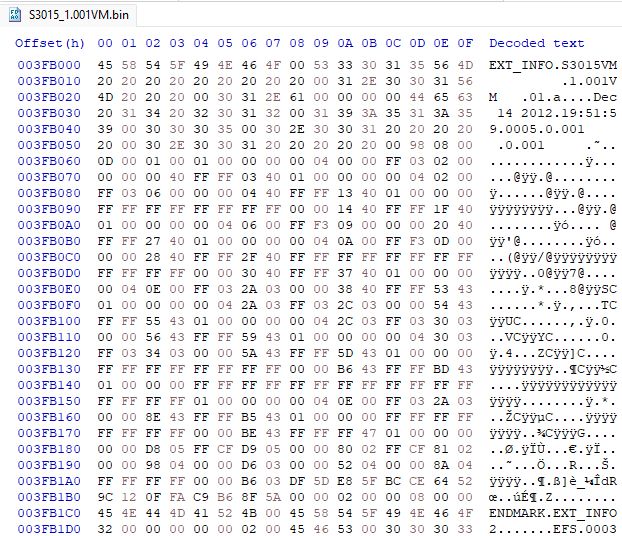 Hex editor screenshot of a recently dumped Kyocera Brio's firmware, version 1.001VM branded to Virgin Mobile US.
Of note is the following text:
"EXT_INFO S3015VM 1.001VM 01.a ec 14 2012 19:51:59 0005 0.001 .001"
