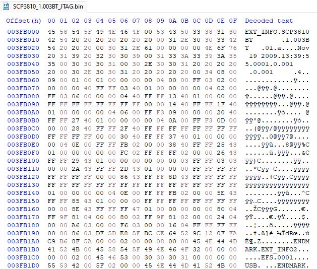 Hex editor screenshot of a recently dumped Sanyo Mirro's firmware, version 1.003BT branded to Boost Mobile.
Of note is the following text:
"EXT_INFO SCP3810BT 1.003BT 01.a Nov 19 2009 13:39:55 0001 0.001 .001"
