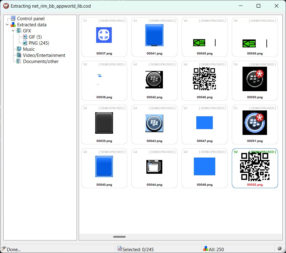 A MultiExtractor screenshot showing various ripped assets from the BlackBerry App World file, net_rim_bb_appworld_lib.cod.
Aside from the RickRoll'D QR code, various BlackBerry logos and other graphics are visible.
