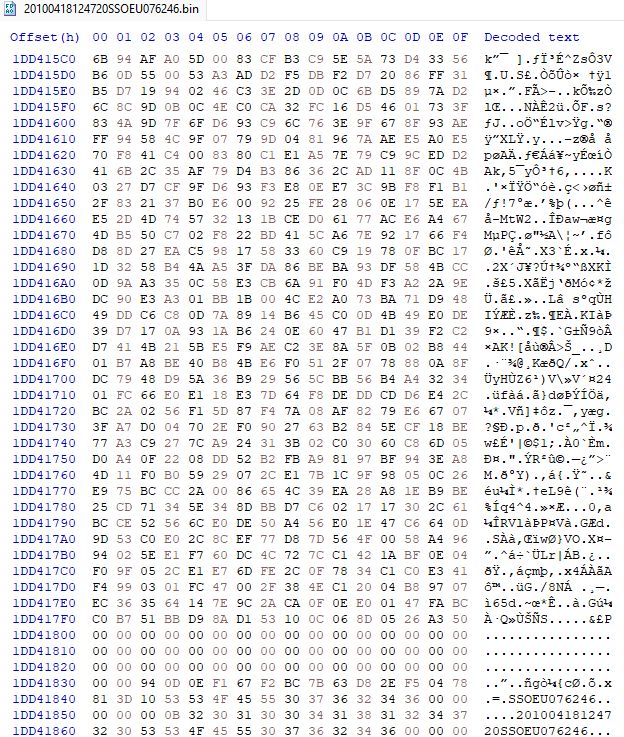 Hex editor screenshot of the recently dumped Sony Ericsson S001. There aren't many other strings around the version (20100418124720SSOEU076246) - it almost looks like compressed data.
