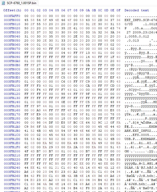 A hex editor screenshot of the recently dumped Sanyo Incognito, specifically version 1.001SP branded to Sprint.
Text of note reads the following: "EXT_INFO SCP-6760/US 1.001SP 05.a Oct 27 2009 23:26:41 0055 0.012 0.013"