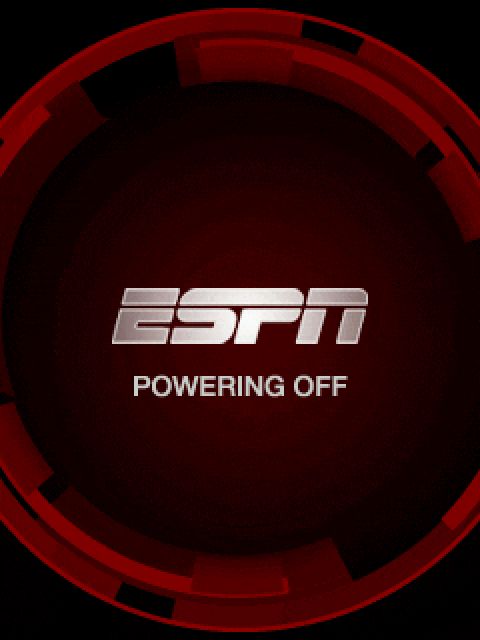 One of the frames that the Sanyo MVP displays while shutting off. It shows the ESPN logo above text that reads "POWERING OFF" in the center of the screen against a dark red background.
