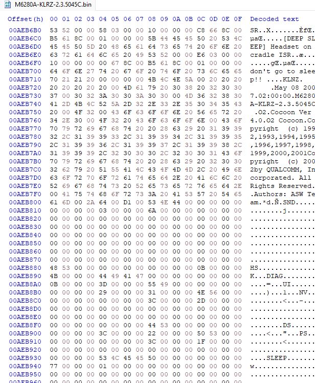 Hex editor screenshot of the recently dumped O2 Cocoon by Pantech. Of note is the following text:
"May 08 2007 02:00:00 M6280A-KLRZ-2.3.5045C O2 Cocoon Ver 4.0 O2 Cocoon Copyright (c) 1992,1993,1994,1995,1996,1997,1998,1999,2000,20001Copyright (c) 2002 by QUALCOMM, Incorporated. All Rights Reserved. Authors: ASW Team"
