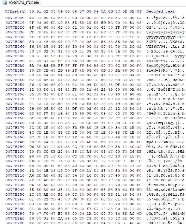 Hex editor screenshot of the recently dumped LG Accolate, firmware version VX560V04. Of note is the following text:
"VX560 VX560V04 Apr 23 2010 19:04:01 011_HJYU01"
