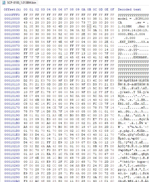 Hex editor screenshot from the recently dumped Sanyo SCP-8100 firmware, version 1.013BM. Of note is the following text:
"model = SCP8100CA sw = 1.013BM Mar 01 2004 14:26:130000 PRL 0.004 0.000 EXT_INFO 03.a"
