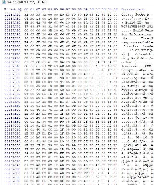 Hex editor screenshot of the recently dumped Casio G'zOne Ravine 2, firmware version WC781VWB898F.252. Of note is the following text:
"Build ID: %s
WC781VWB898F.252;
Build Version Information: %s;
Time Stamp unavailable from boot loader.
if OS.FILE(%s)
(
  d.load.binary %s 0x%lx /noclear
)
load.cmm"