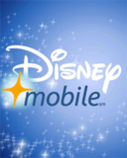 A graphic ripped from the Disney Mobile-branded Samsung DM-S105, showing a frame from the bootup animation. It displays the Disney Mobile logo on a blue background with lots of sparkles.
