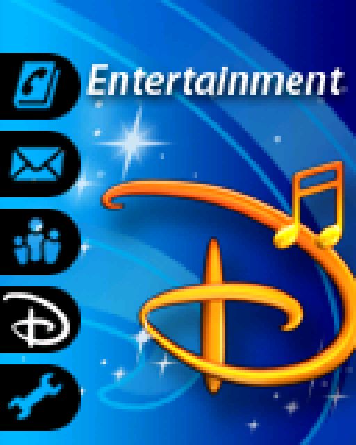 A graphic ripped from the Disney Mobile-branded Samsung DM-S105. This shows one of the menu options labeled "Entertainment", with an shiny orange Disney D visible next to 4 other choices.
