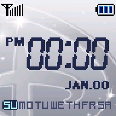 A graphic ripped from the Disney Mobile-branded Samsung DM-S105, showing the digital clock which is displayed on the outer screen, in this case being a grey Disney D with a segment-style digits in front of it.
