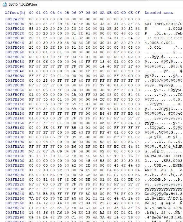 A hex editor screenshot of the recently dumped Kyocera Brio, specifically version 1.002SP branded to Sprint.
Text of note reads the following: "EXT_INFO S3015/US 1.002SP 01.a Feb 14 2012 15:15:24 0005"
