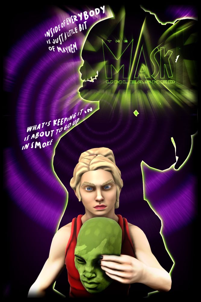 A custom poster for a film called "The Mask Unleashed". A woman in a red dress stands holding a green stone mask against a the background of a purple spiral. Behind her is a cartoon silhouette with sinister teeth. Text reads "Inside of everybody is just a little bit of mayhem. What's keeping it in is about to go up in smoke." written in a distorted font.