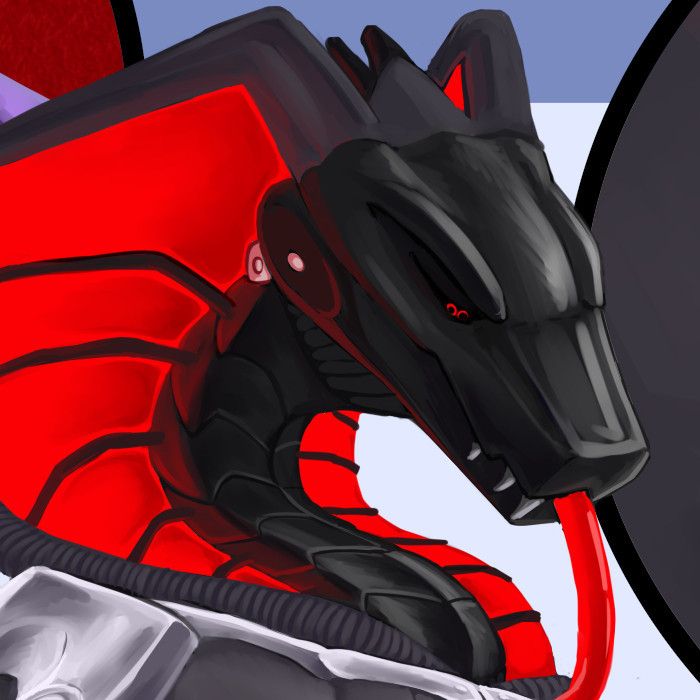A headshot portrait of Xen – an anthro tech-snake woman. She has black metal head and neck; reg tongue, hood and triple irides; and also chrome collarbones and shoulder pads. 