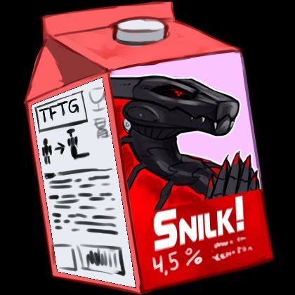 A red cardboard box of milk, but it's called Snilk. Here's an front image of Xen: a black tech-snake with glowing red hood and triple pupils. She shows a malicious smirk. On the other visible side of the box a warning is placed. It show a human turning into an anthro snake with a big inscription over it – it says "TFTG". What can this mean?
