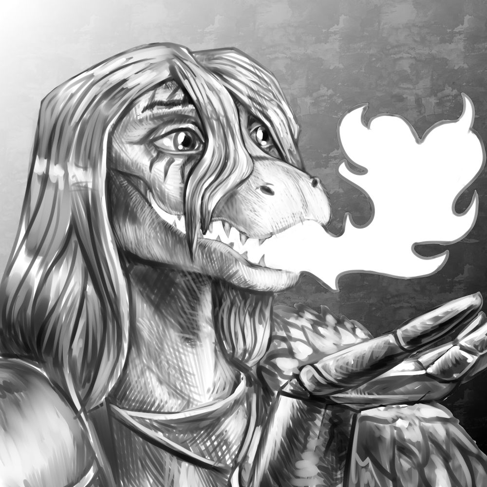 The armoured anthro alligator woman with long wavy hair smiles and makes a fiery air kiss. She's wearing a plated armour with a wool on one side.