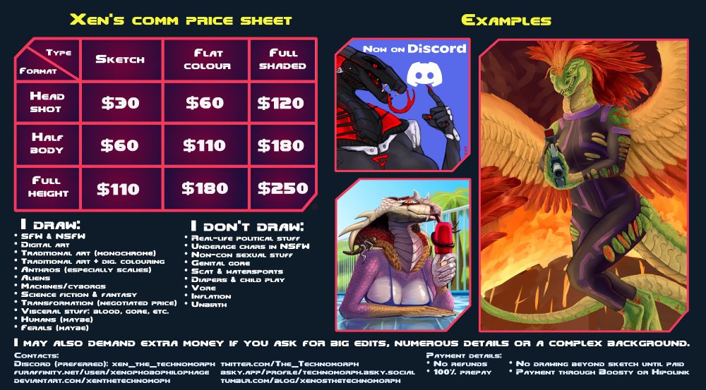 Xen's price sheet with a price tablet, artwork examples and also a lot of other texts.