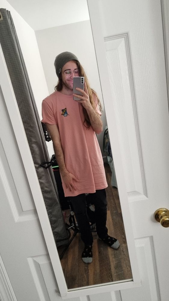 Mono again, same place and outfit as before, but this time showing the length of the shirt dress. It goes down past their fingertips! 