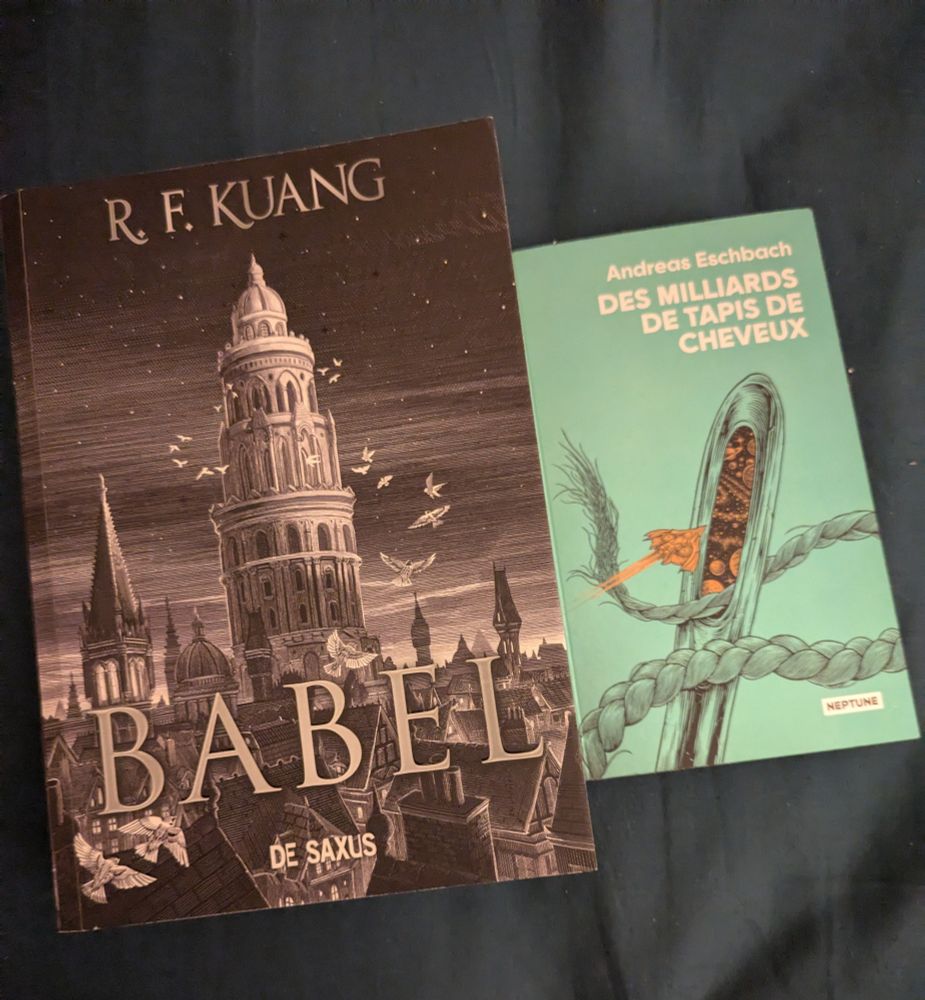 Photo de deux livres à gauche Babel de R. F. Kuang aux éditions De Saxus et à droite Des milliards de tapis de cheveux d'Andreas Eschbach en format poche collections Neptune aux éditions l'Atalante 