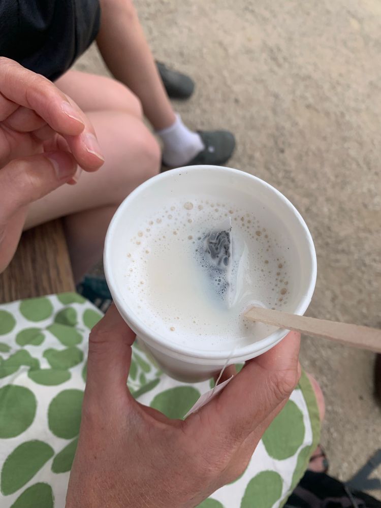 A drink we were served when asking for hot tea with milk. The liquid is 100% milk. 
