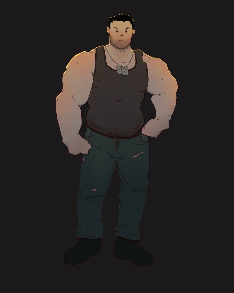 A cartoonish strong man stands facing forward, one hand resting on his hip as the others rests by his thigh. He wears tattered pants, a tank top, and military dog tags. 