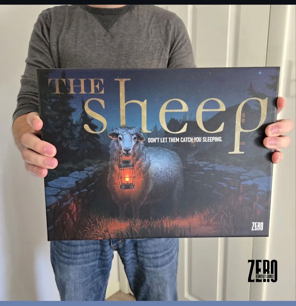 A game "The Sheep" by Zero Strategy Games. The game box shows a creepy-looking sheep, at night, holding a lantern in its mouth. 

The caption on the board game box days "Don't let them catch you sleeping.".