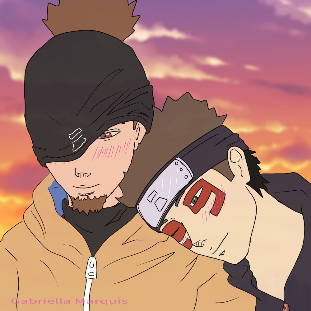 Shinki and Aray from Boruto having a small snuggle in the sunset. Shinki is resting his on Araya's shoulder. Both are smiling and blushing. Yaoi Day